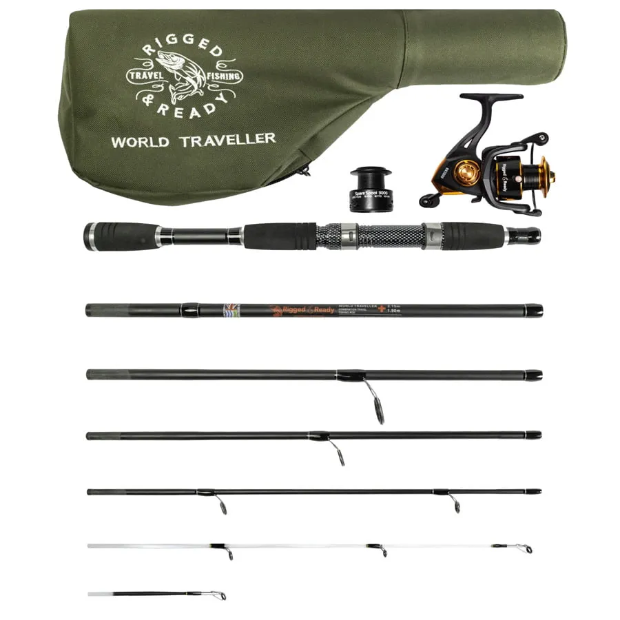 Rigged and Ready World Traveller 6 Section Spin Compact Travel Rod + 2 Tips + Reel