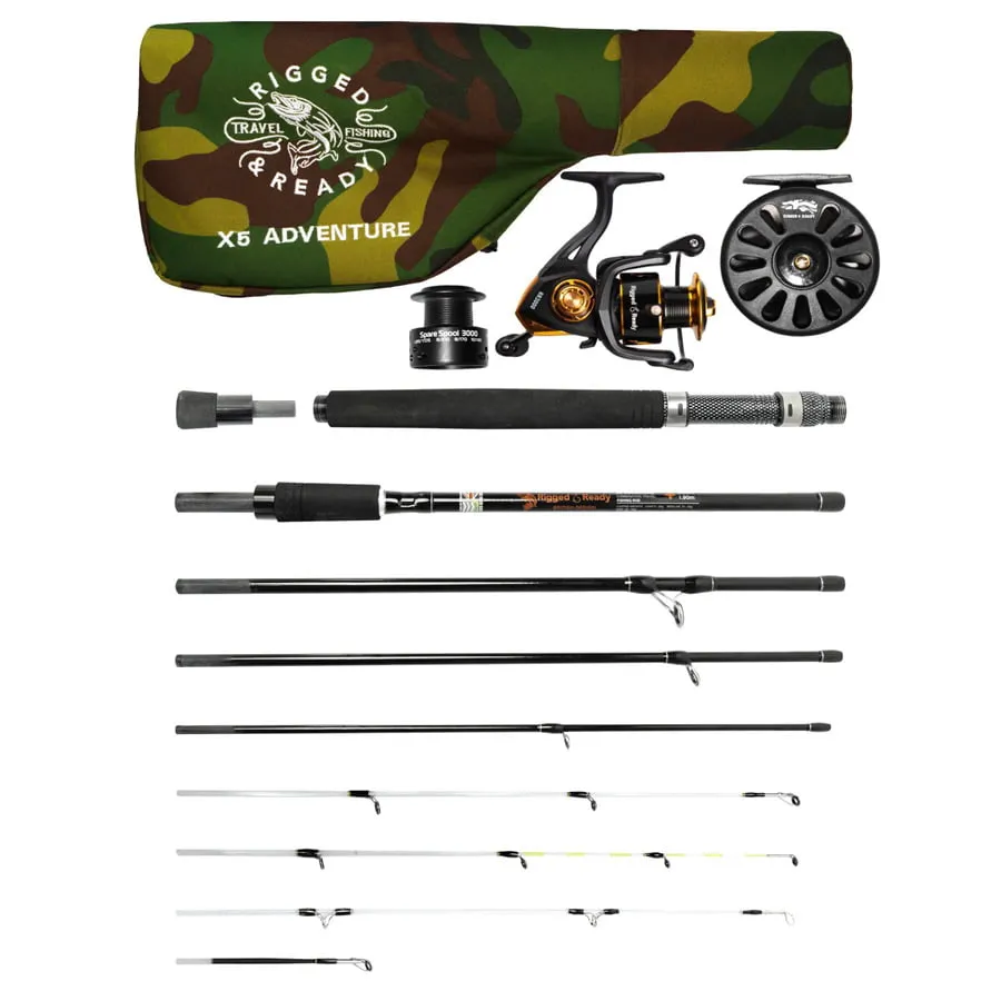 Rigged and Ready X5 Adventure 5 in 1 Spin/Fly Compact Travel Rod + 4 Tips + 2 Reels
