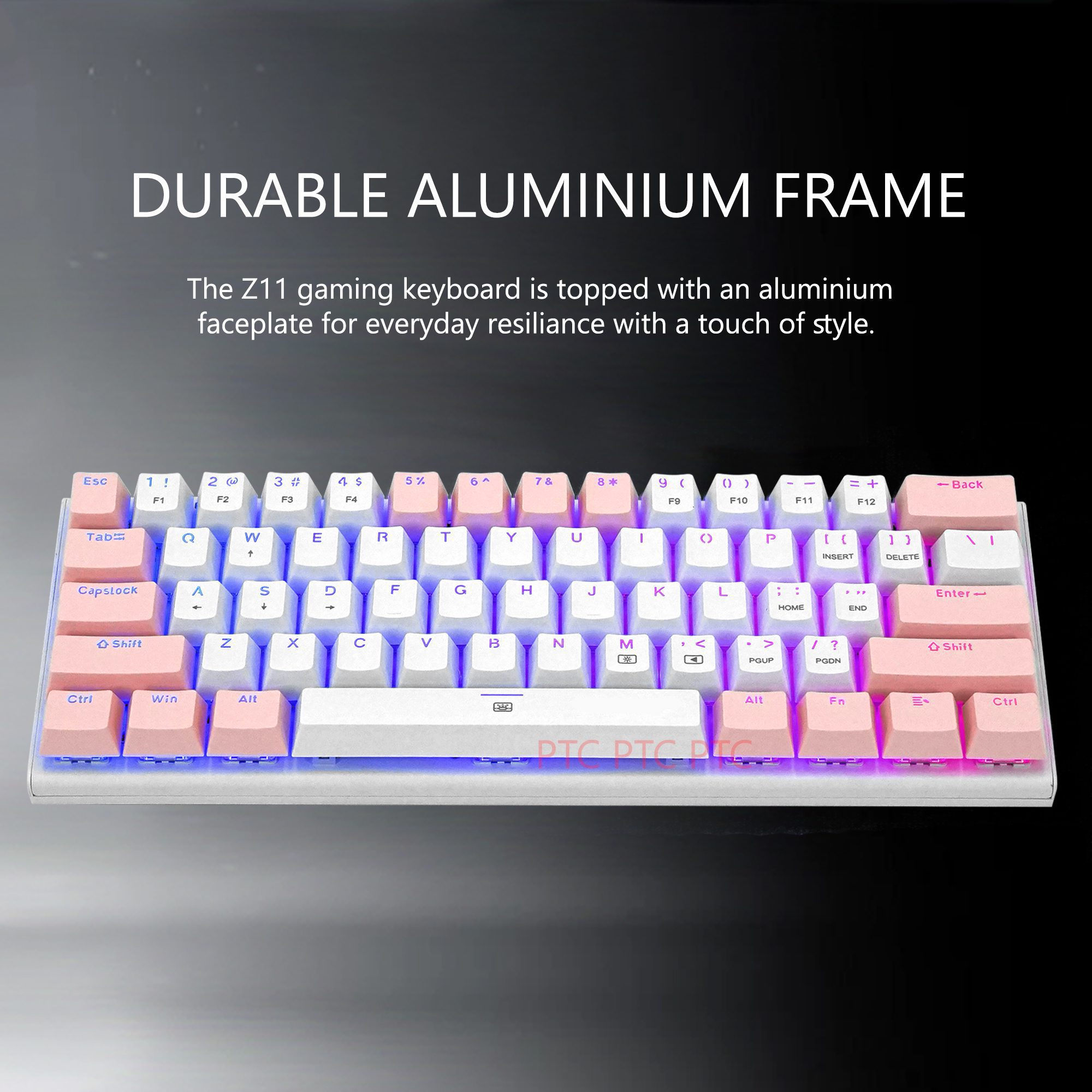 Z11 60% Compact True Mechanical Gaming Keyboard, RGB Backlit, Blue Switches, 61 Keys USB Type-C Wired Keyboard For Mac Laptop PC PS4, White+ Pink keycaps - Image 3