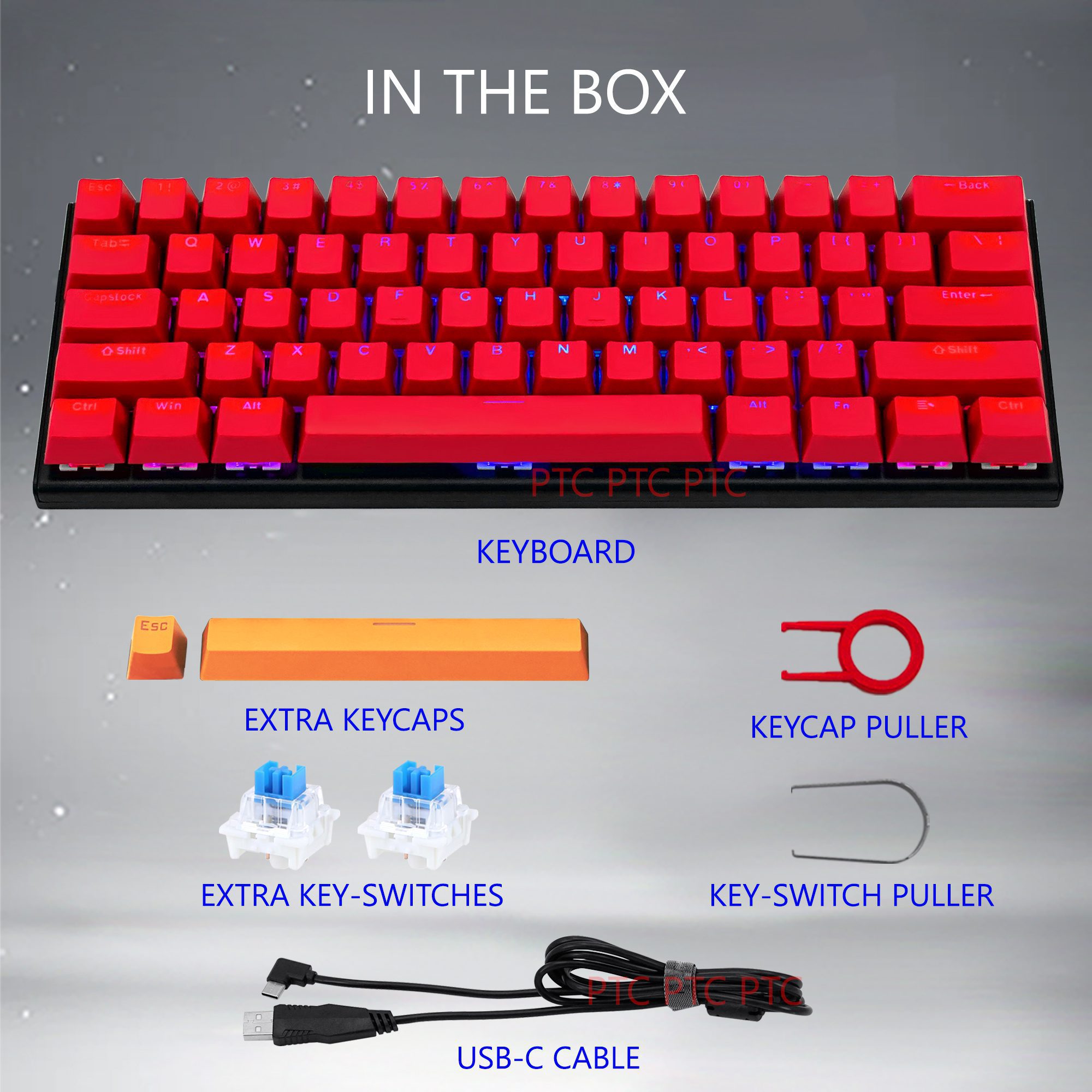 Z11 60% Compact True Mechanical Keyboard, RGB Backlit, Blue Switches, 61 Keys USB Type-C Wired Gaming Keyboard For Mac Laptop PC PS4, Red keycaps - Image 2