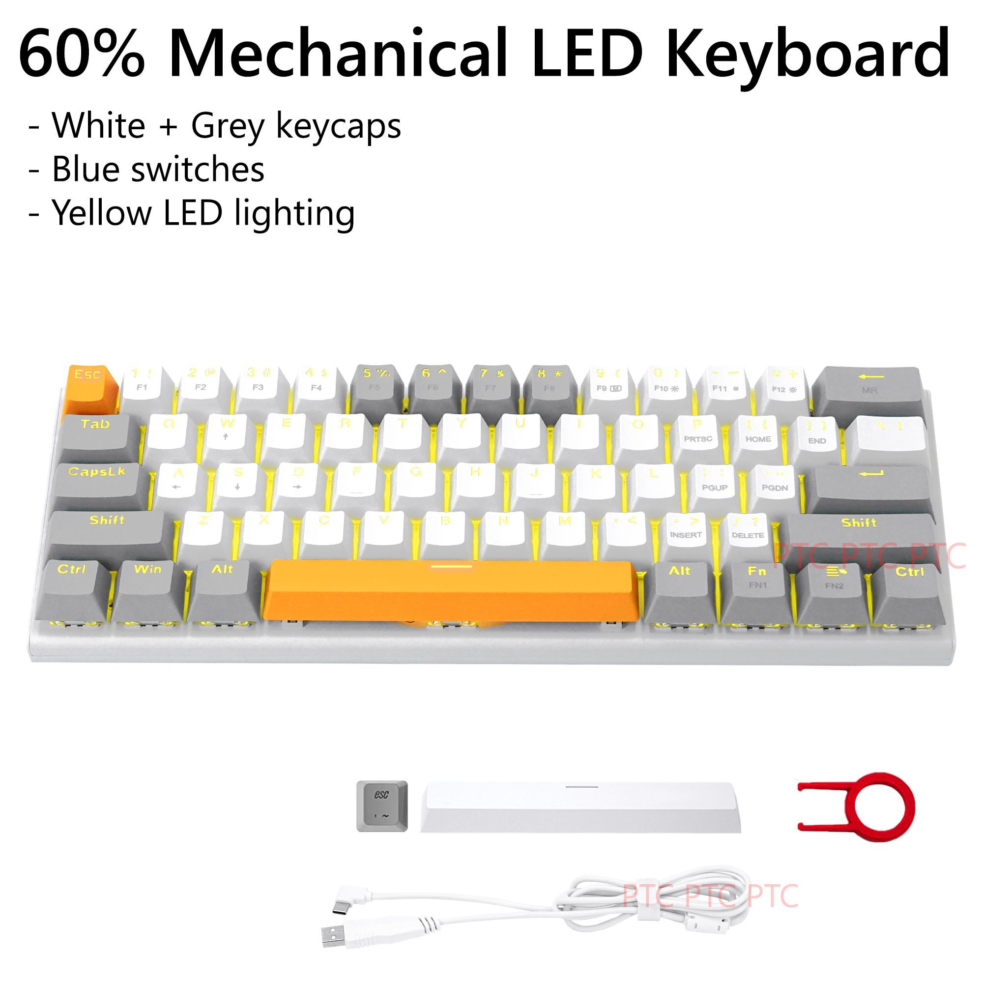 60% Compact 61 Keys True Mechanical Keyboard, Z11 LED Backlit Wired Keyboard, Hot swappable Blue Switche, Full N-Key Rollover Anti-Ghosting, White Grey