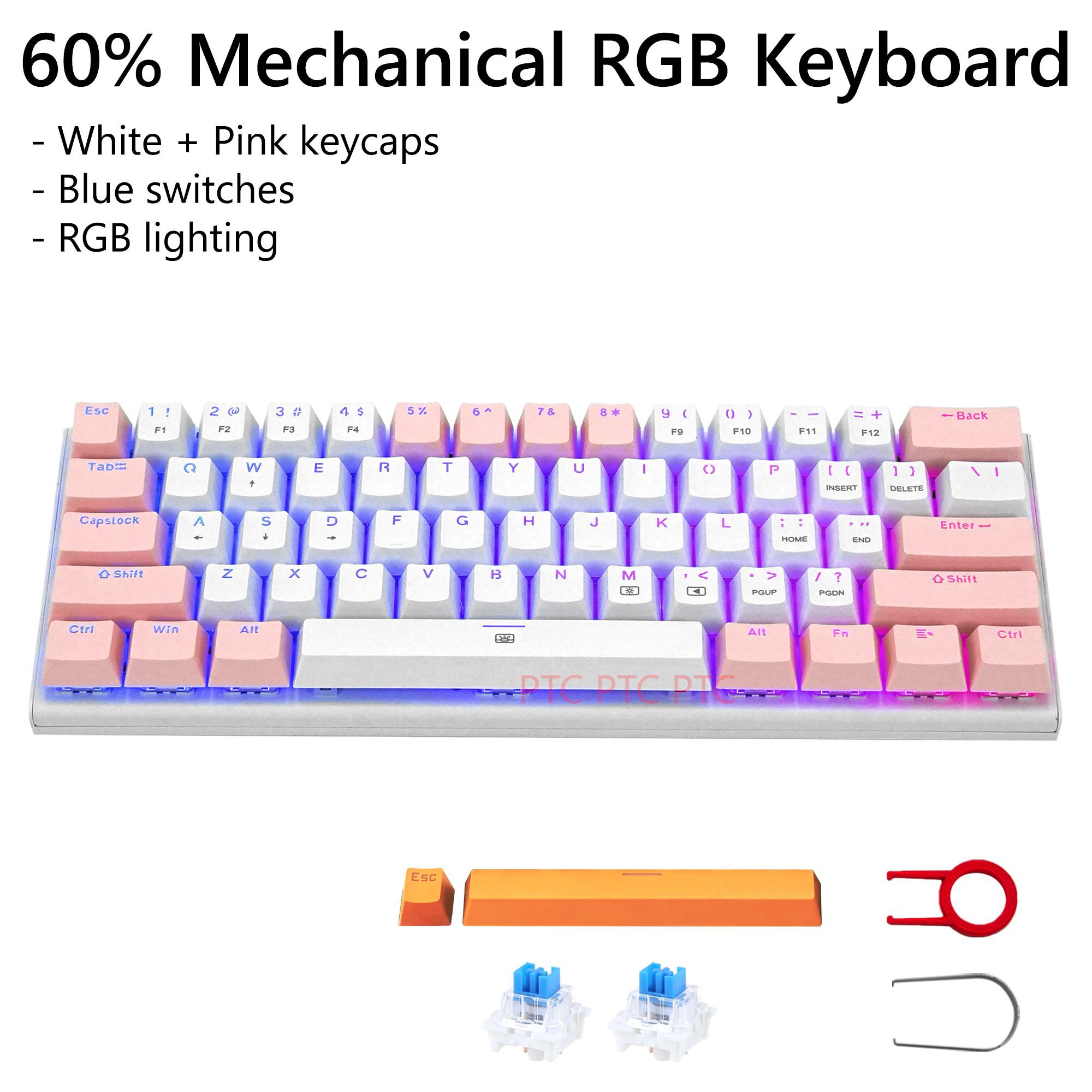 Z11 60% Compact True Mechanical Gaming Keyboard, RGB Backlit, Blue Switches, 61 Keys USB Type-C Wired Keyboard For Mac Laptop PC PS4, White+ Pink keycaps