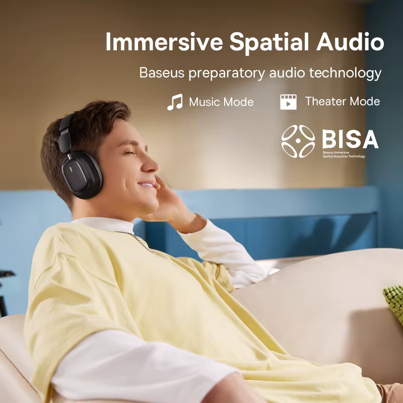 Baseus Bowie H1i Wireless Headphone Bluetooth 5.3 38db ANC Noise Cancellation Hi-Res 3D Spatial Audio Over the Ear Headsets 100H - Image 3