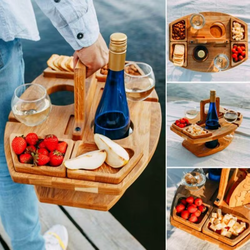 Portable Wooden Picnic and Wine Table - Image 2
