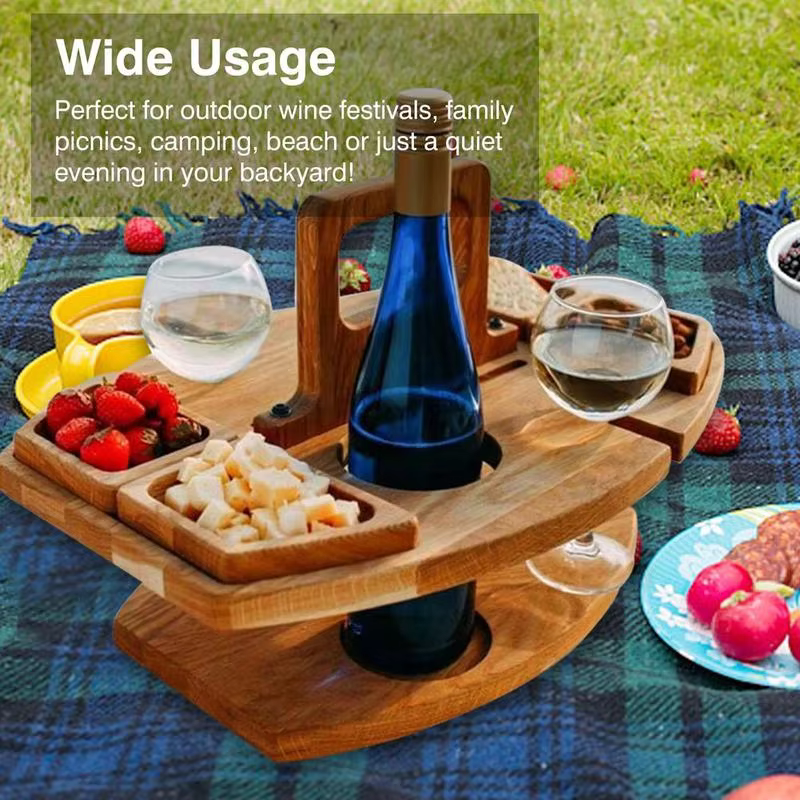 Portable Wooden Picnic and Wine Table - Image 3