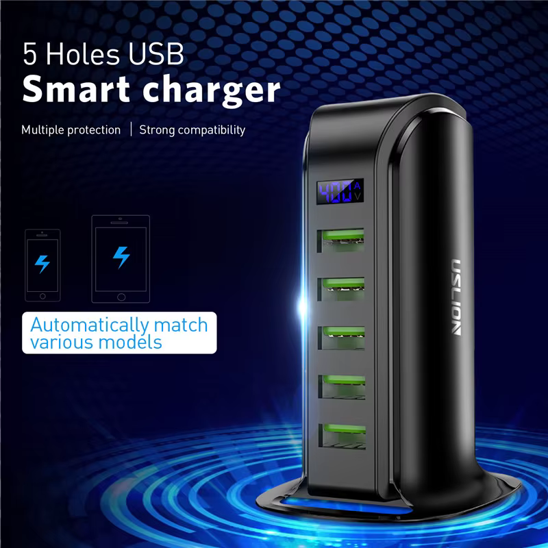 USLION 5 Multi Port USB Charger Hub For Mobile Phone EU UK US Plug LED Display USB Charging Desktop Station Dock Chargers - Image 2